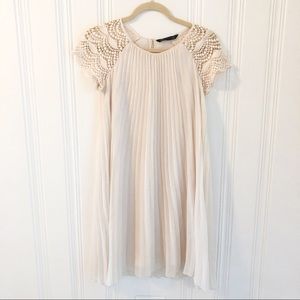 Zara Off-White Pleated Crochet Shoulder Mini Dress